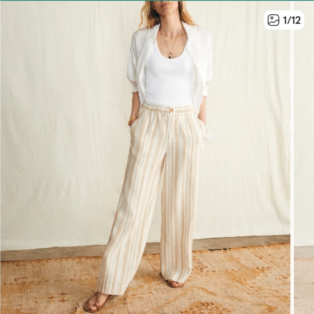 Faherty Cream and Tan Striped Wide-Leg Linen Pants